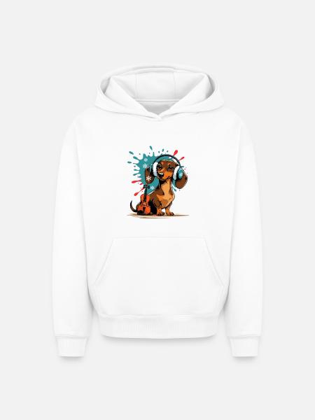 Wintermusik-Dackel mit Kopfhörern - Oversized Heavyweight Unisex Hoodie - Weiß