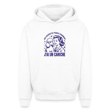 Pas Besoin de Prince Charmant j'ai un caniche - Sweat à capuche unisexe oversize épais SPREAD - blanc - Devant - AI Model Female 172 dark (172cm) & AI Model Male 185 light (185cm)