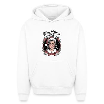 Mrs Claus Club, Chemise du Père Noël, 2025 - Sweat à capuche unisexe oversize épais SPREAD - blanc - Devant - AI Model Female 172 dark (172cm) & AI Model Male 185 light (185cm)
