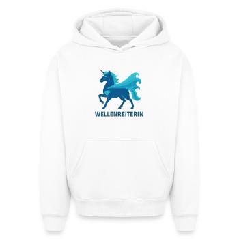 Fier Surfeur de Vagues, Puissance de Licorne, Mer - Sweat à capuche unisexe oversize épais SPREAD - blanc - Devant - AI Model Female 172 dark (172cm) & AI Model Male 185 light (185cm)