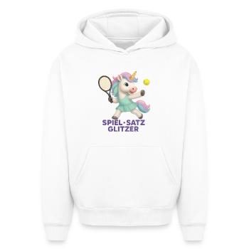Set de jeu Paillettes, Licorne de tennis, Glamour - Sweat à capuche unisexe oversize épais SPREAD - blanc - Devant - AI Model Female 172 dark (172cm) & AI Model Male 185 light (185cm)