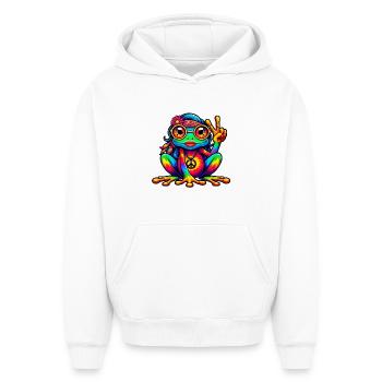 Hippie Frog Festa des années 70 des années 1970 - Sweat à capuche unisexe oversize épais SPREAD - blanc - Devant - AI Model Female 172 dark (172cm) & AI Model Male 185 light (185cm)