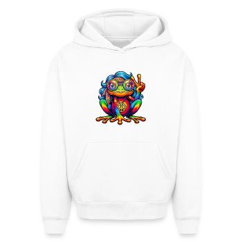 Hippie Frog Festa des années 70 des années 1970 - Sweat à capuche unisexe oversize épais SPREAD - blanc - Devant - AI Model Female 172 dark (172cm) & AI Model Male 185 light (185cm)