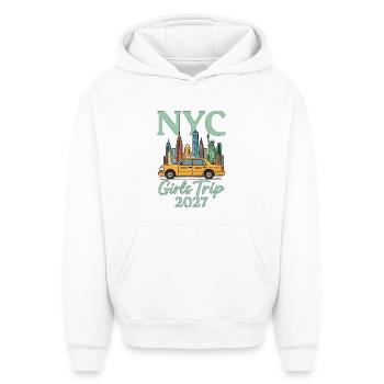NYC Girls Trip 2027 - Oversized Heavyweight Unisex Hoodie - white - Front - AI Model Female 172 dark (172cm) & AI Model Male 185 light (185cm)