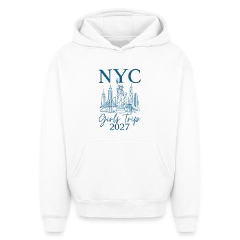 NYC Girls Trip 2027 - Oversized Heavyweight Unisex Hoodie - white - Front - AI Model Female 172 dark (172cm) & AI Model Male 185 light (185cm)