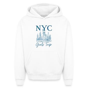 Voyage des filles à New York - Sweat à capuche unisexe oversize épais SPREAD - blanc - Devant - AI Model Female 172 dark (172cm) & AI Model Male 185 light (185cm)