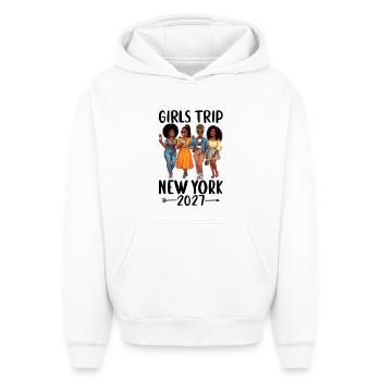 Voyage des filles à New York 2027 - Sweat à capuche unisexe oversize épais SPREAD - blanc - Devant - AI Model Female 172 dark (172cm) & AI Model Male 185 light (185cm)