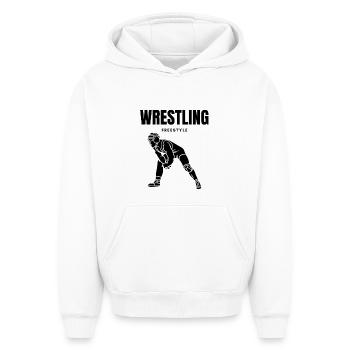 ON THE MAT — FREESTYLE WRESTLING - Oversized Heavyweight Unisex Hoodie - white - Front - AI Model Female 172 dark (172cm) & AI Model Male 185 light (185cm)
