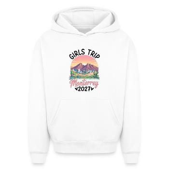 Voyage des filles à Monterrey 2027 - Sweat à capuche unisexe oversize épais SPREAD - blanc - Devant - AI Model Female 172 dark (172cm) & AI Model Male 185 light (185cm)