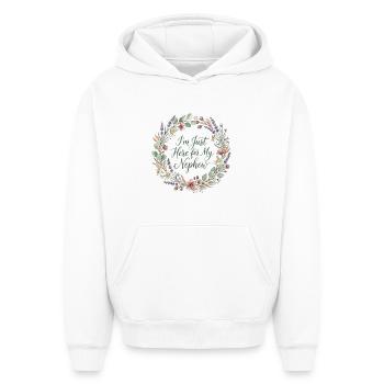 Tante, je suis juste là pour mon neveu - Sweat à capuche unisexe oversize épais SPREAD - blanc - Devant - AI Model Female 172 dark (172cm) & AI Model Male 185 light (185cm)