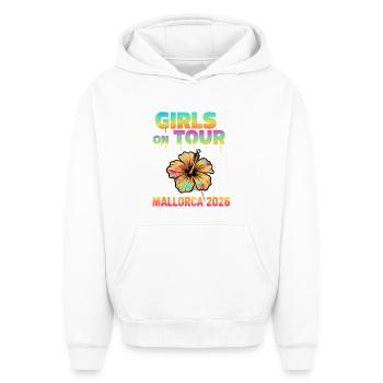 Girls On Tour Mallorca 2026 (Garantie du prix le plus bas) - Sweat à capuche unisexe oversize épais SPREAD - blanc - Devant - AI Model Female 172 dark (172cm) & AI Model Male 185 light (185cm)