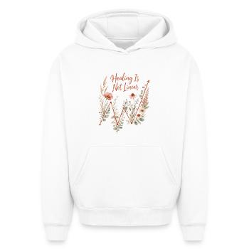 Mental Health Healing Is Not Linear - Oversized Heavyweight Unisex Hoodie - white - Front - AI Model Female 172 dark (172cm) & AI Model Male 185 light (185cm)
