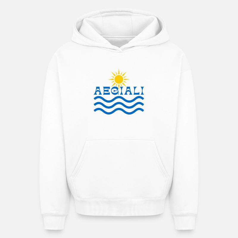 Soleil et Vagues d’Aegiali - Sweat à capuche unisexe oversize épais SPREAD - blanc