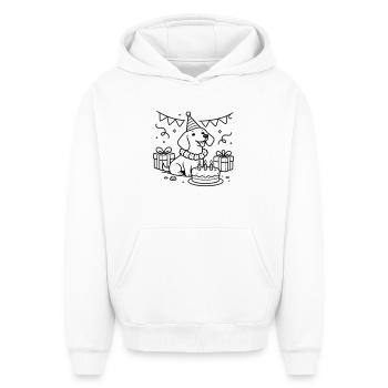 Geburtstag Dackel Torte Kinder  - Oversized Heavyweight Unisex Hoodie - Weiß - Vorne - AI Model Female 172 dark (172cm) & AI Model Male 185 light (185cm)