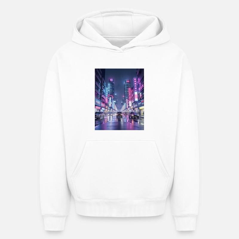 Paysage urbain de pluie néon - Sweat à capuche unisexe oversize épais SPREAD - blanc