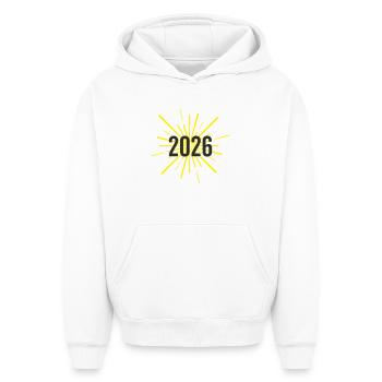 Start of the year 2026 rockets - Oversized Heavyweight Unisex Hoodie - white - Front - AI Model Female 172 dark (172cm) & AI Model Male 185 light (185cm)