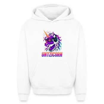 Rave Techno Motif Untzicorn for EDM Fans - Oversized Heavyweight Unisex Hoodie - white - Front - AI Model Female 172 dark (172cm) & AI Model Male 185 light (185cm)