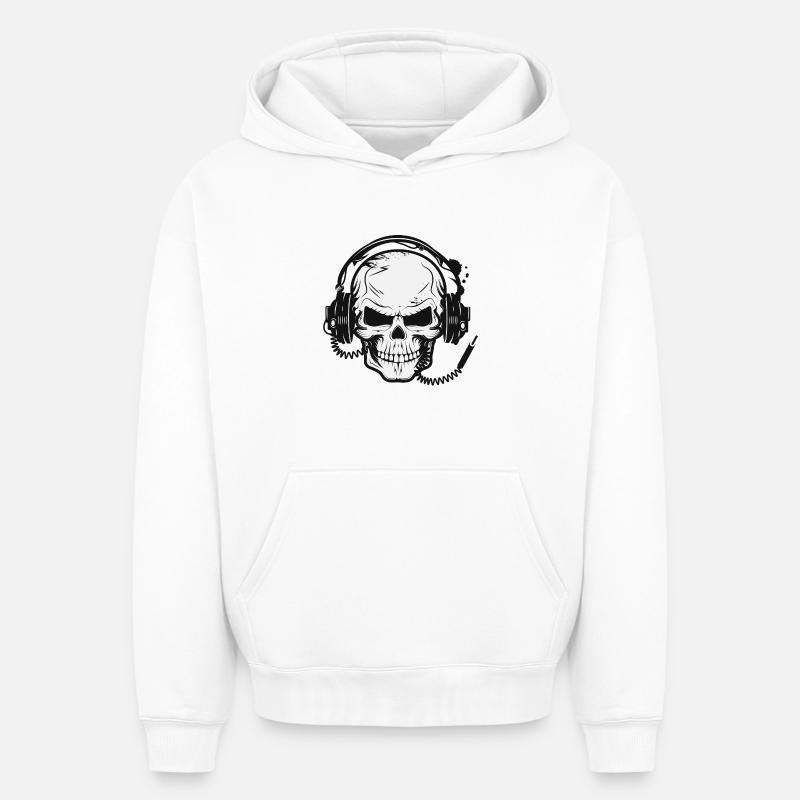 Crâne,Crâne,Crâne avec écouteurs - Sweat à capuche unisexe oversize épais SPREAD - blanc