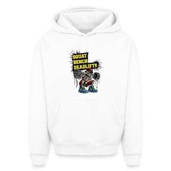 Soulevé de terre SquadBenchLift - Sweat à capuche unisexe oversize épais SPREAD - blanc - Devant - AI Model Female 172 dark (172cm) & AI Model Male 185 light (185cm)