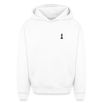 Schachfigur bestickt - Oversized Heavyweight Unisex Hoodie - Weiß - Vorne - AI Model Female 172 dark (172cm) & AI Model Male 185 light (185cm)