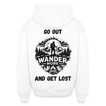 Wander More Backprint - Oversized Heavyweight Unisex Hoodie - Weiß - Hinten - AI Model Male 185 light (185cm)