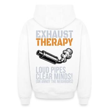 Thérapie des échappements – Cycliste aux tuyaux bruyants - Sweat à capuche unisexe oversize épais SPREAD - blanc - Dos - AI Model Male 185 light (185cm)