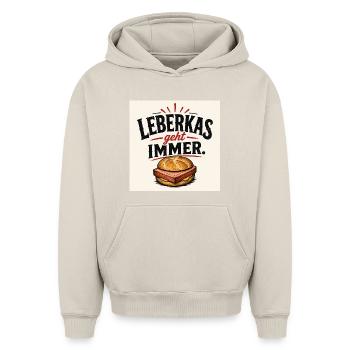 Leberkas geht immer – Sandwich Humor - Oversized Heavyweight Unisex Hoodie - Beige - Vorne - AI Model Female 172 dark (172cm) & AI Model Male 185 light (185cm)