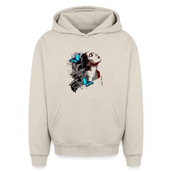 Floral Face and Blue Butterflies - Oversized Heavyweight Unisex Hoodie - beige - Front - AI Model Female 172 dark (172cm) & AI Model Male 185 light (185cm)