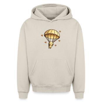 La Petite Pensée | Parachute - Sweat à capuche unisexe oversize épais SPREAD - beige - Devant - AI Model Female 172 dark (172cm) & AI Model Male 185 light (185cm)