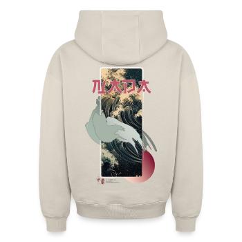 Flow like water – Backprint Asian Street Style - Oversized Heavyweight Unisex Hoodie - Beige - Hinten - AI Model Male 185 light (185cm)