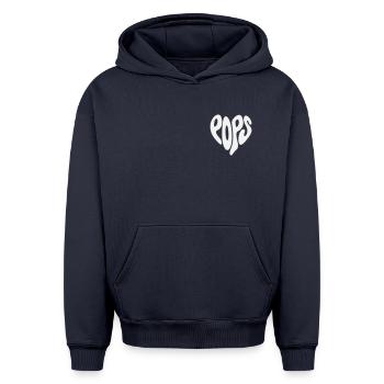 Pops - Small Heart (Custom Color) - Oversized Heavyweight Unisex Hoodie - navy - Front - AI Model Female 172 dark (172cm) & AI Model Male 185 light (185cm)