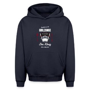 Le roi des grillades veut griller Tend les pinces à barbecue - Sweat à capuche unisexe oversize épais SPREAD - bleu marine - Devant - AI Model Female 172 dark (172cm) & AI Model Male 185 light (185cm)