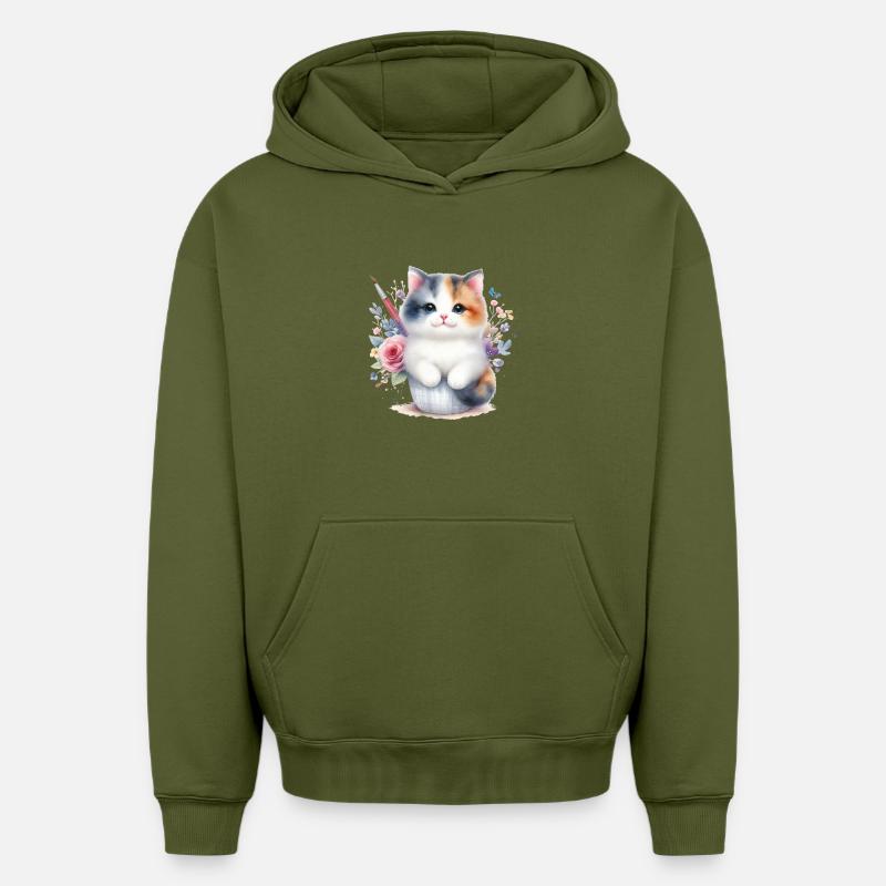 Chat mignon - Sweat à capuche unisexe oversize épais SPREAD - kaki