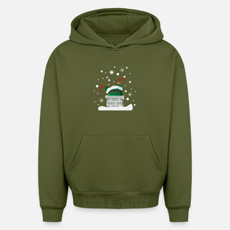 Lutin dans la cheminée humour de Noël - Sweat à capuche unisexe oversize épais SPREAD - kaki