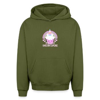 Cupcake licorne - Sweat à capuche unisexe oversize épais SPREAD - kaki - Devant - AI Model Female 172 light (172cm) & AI Model Male 185 light (185cm)