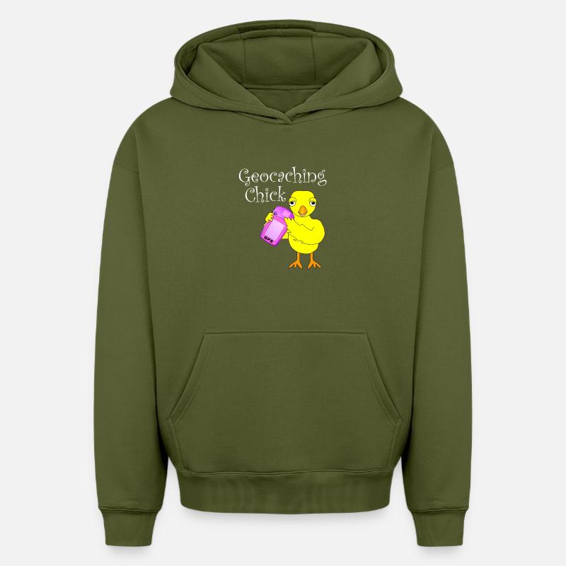 Géocaching Chick Texte blanc - Sweat à capuche unisexe oversize épais SPREAD - kaki