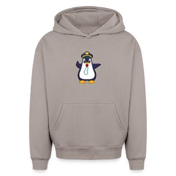 pingouin policier sifflet police - Sweat à capuche unisexe oversize épais SPREAD - taupe - Devant - AI Model Female 172 light (172cm) & AI Model Male 185 light (185cm)