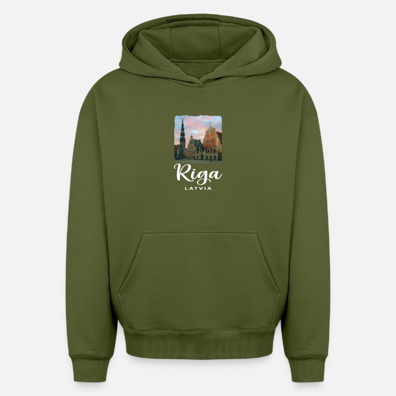 Riga, Lituanie - Sweat à capuche unisexe oversize épais SPREAD - kaki