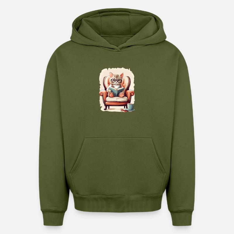 Chat intelligent mignon - Sweat à capuche unisexe oversize épais SPREAD - kaki
