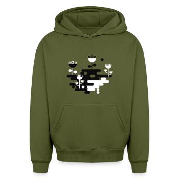 the blob garden l black & white - Oversized Heavyweight Unisex Hoodie - khaki - Front - AI Model Female 172 light (172cm) & AI Model Male 185 light (185cm)
