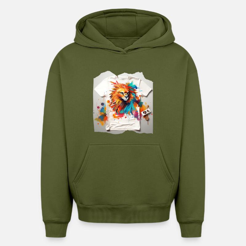 Lion peint - Sweat à capuche unisexe oversize épais SPREAD - kaki