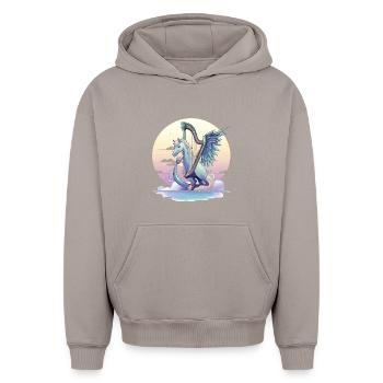 Pegasus with harp in the evening - Oversized Heavyweight Unisex Hoodie - taupe - Front - AI Model Female 172 light (172cm) & AI Model Male 185 light (185cm)
