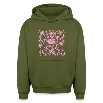 Pivoines pour toujours L Pivoines botaniques L Rose - Sweat à capuche unisexe oversize épais SPREAD - kaki - Devant - AI Model Female 172 light (172cm) & AI Model Male 185 light (185cm)