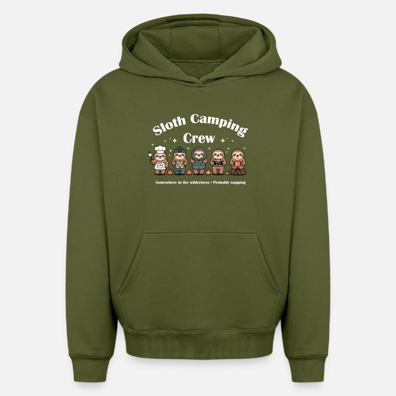 Sloth Camping Crew - Oversized Heavyweight Unisex Hoodie - Khaki