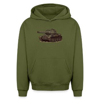 Illustration du char animé T-34 RCCX - Sweat à capuche unisexe oversize épais SPREAD - kaki - Devant - AI Model Female 172 light (172cm) & AI Model Male 185 light (185cm)