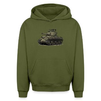 Illustration de bande dessinée Sherman Tank | RCCX - Sweat à capuche unisexe oversize épais SPREAD - kaki - Devant - AI Model Female 172 light (172cm) & AI Model Male 185 light (185cm)