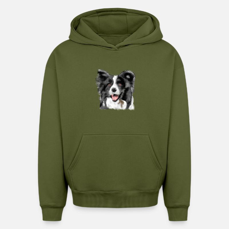 Border Collie - Sweat à capuche unisexe oversize épais SPREAD - kaki