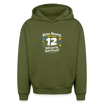 12 Years – Really Cool & Really Cheeky | Boys Shirt - Oversized Heavyweight Unisex Hoodie - khaki - Front - AI Model Female 172 light (172cm) & AI Model Male 185 light (185cm)