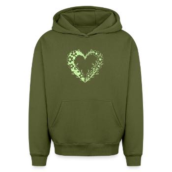Cœur fleuri dans un cadre floral - Sweat à capuche unisexe oversize épais SPREAD - kaki - Devant - AI Model Female 172 light (172cm) & AI Model Male 185 light (185cm)