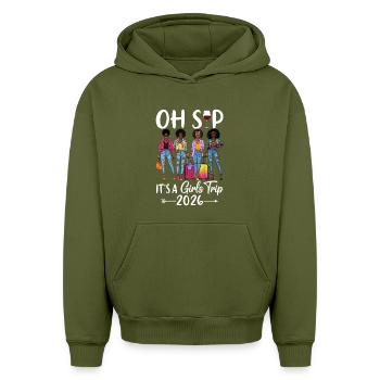 Voyage Fille Féminine 2026 Vibes - Sweat à capuche unisexe oversize épais SPREAD - kaki - Devant - AI Model Female 172 light (172cm) & AI Model Male 185 light (185cm)